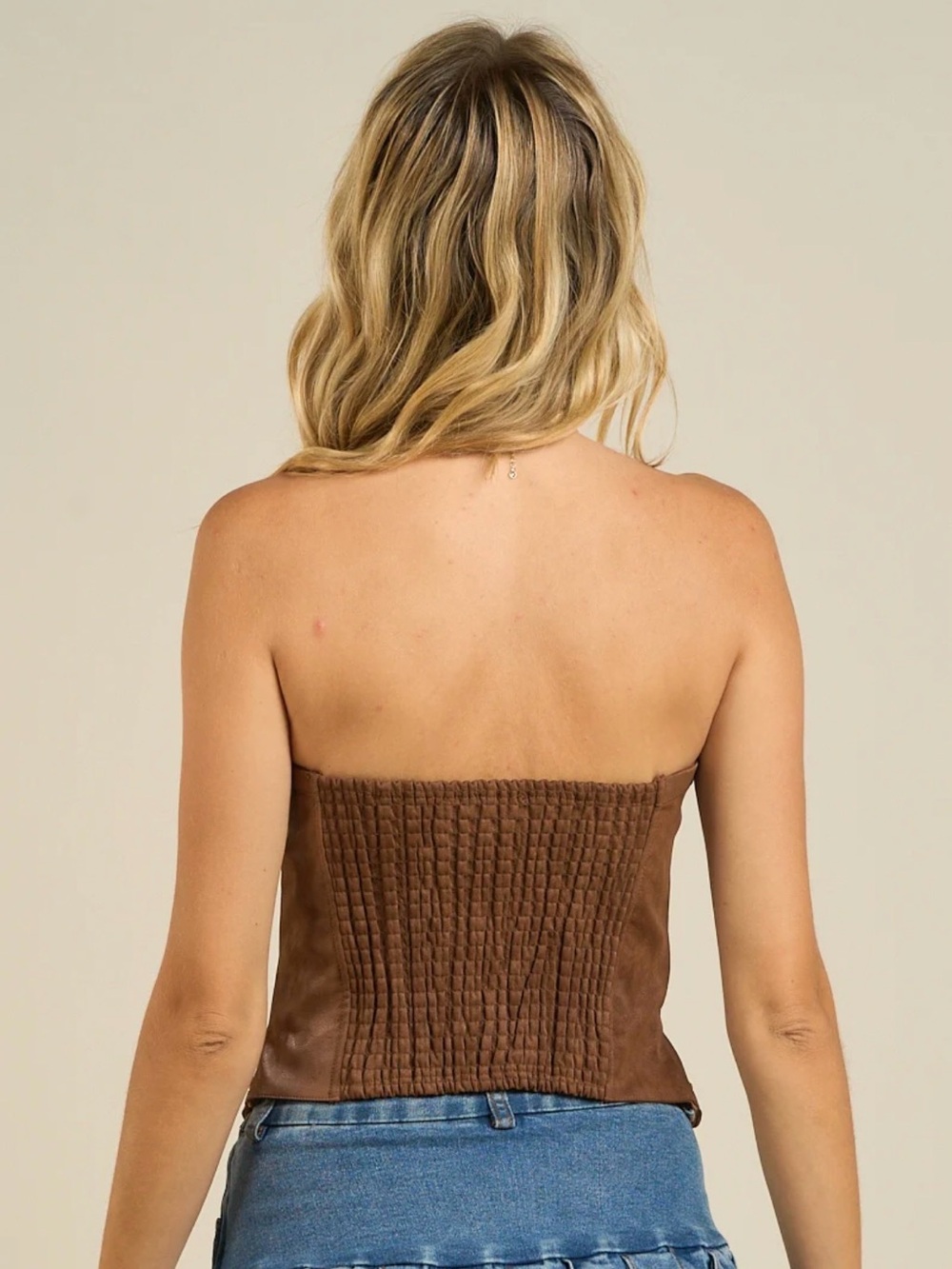 Brown Studded Faux Suede Strapless Bustier Top - Small - Picture 5 of 5